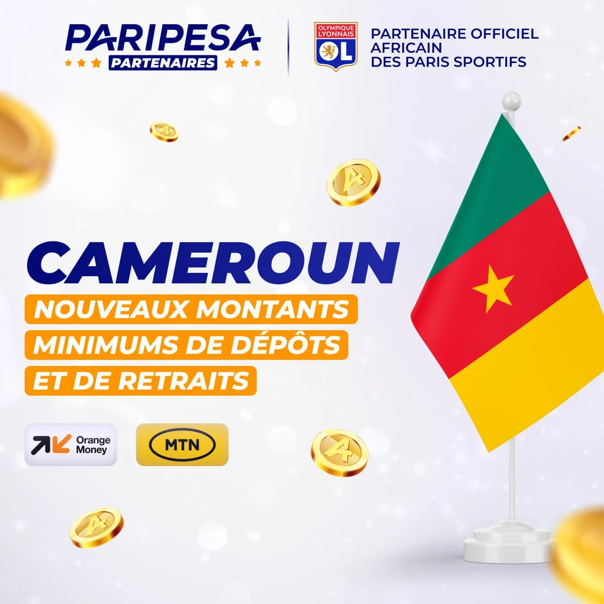 Paiements Paripesa Cameroun – dépôts et retraits via MTN et Orange