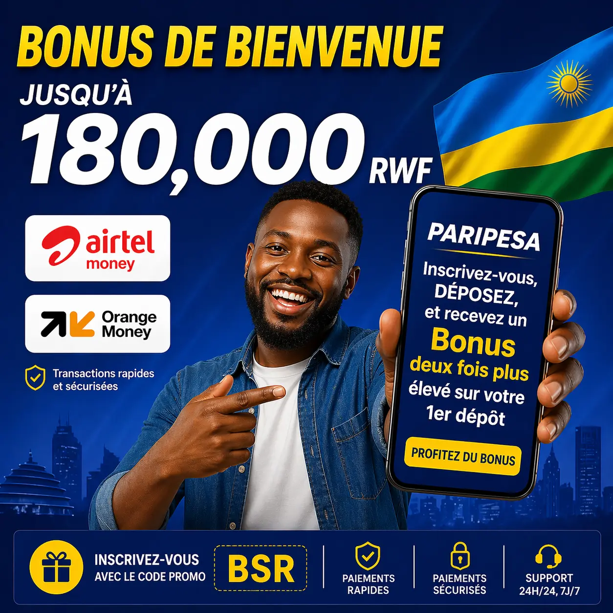 Bonus de bienvenue PariPesa Rwanda 180 000 RWF